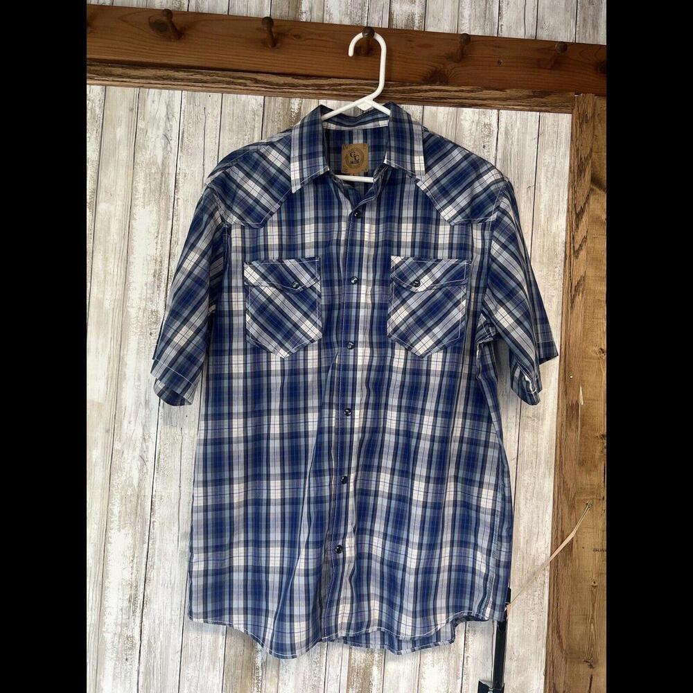 Men's GC Blue Western Shirt Pearl‎ Snap LARGE Blue Plaid Short Sleeve